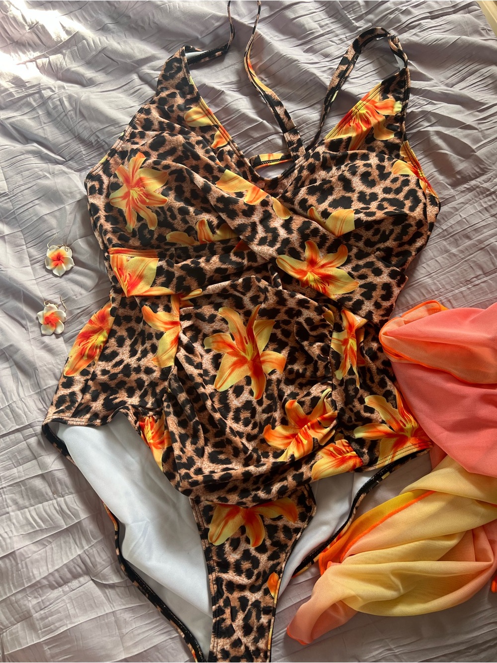 Leopard Tropical Floral One-Piece Swimsuit with Ombre sarong, & earrings bundle